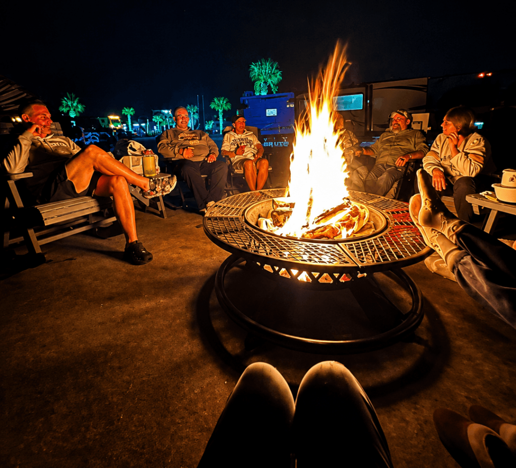 Palapa Beach RV Born Fire (1) Night veiw in The Palapa RV Resort in Gilchrist, TX RV Park