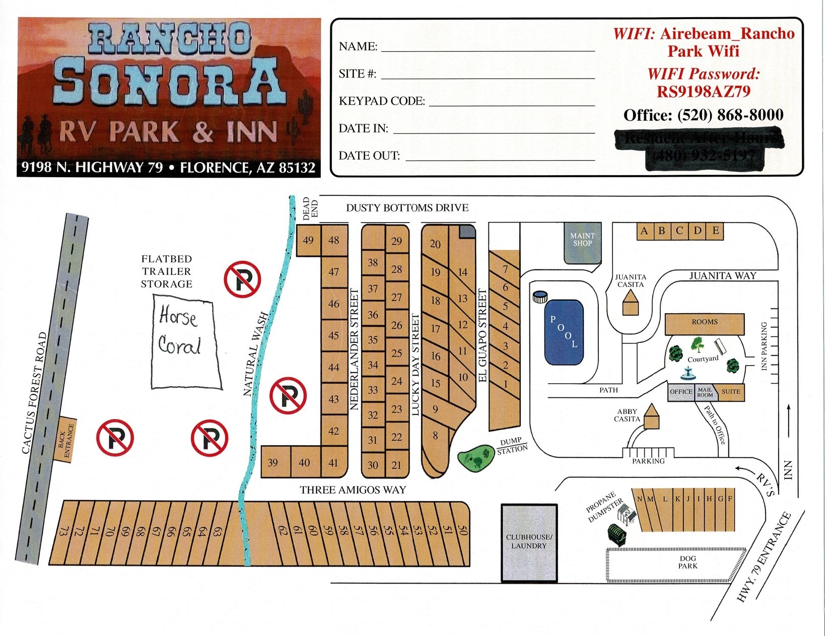 RS Park Map 2026_page-0001 Park Map of Rancho Sonora RV Park in Florence, AZ